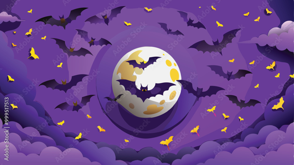 Fototapeta premium Print Flying Bats Silhouetted Against a Full Moon Halloween Background Vector Art Design