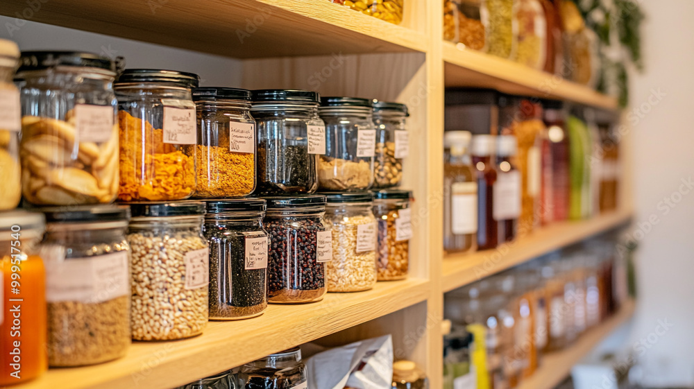 Well-organized pantry shelves filled with various jars of spices, grains, and condiments in daylight Well-organized pantry shelves filled with various jars of spices, grains, and condiments in daylight