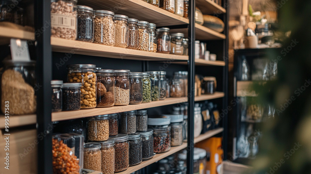 Various jars of spices and grains neatly organized on wooden shelves in a cozy shop setting Various jars of spices and grains neatly organized on wooden shelves in a cozy shop setting