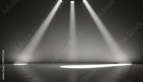 Three spotlights illuminate a dark room with a circular patch of light on the floor.