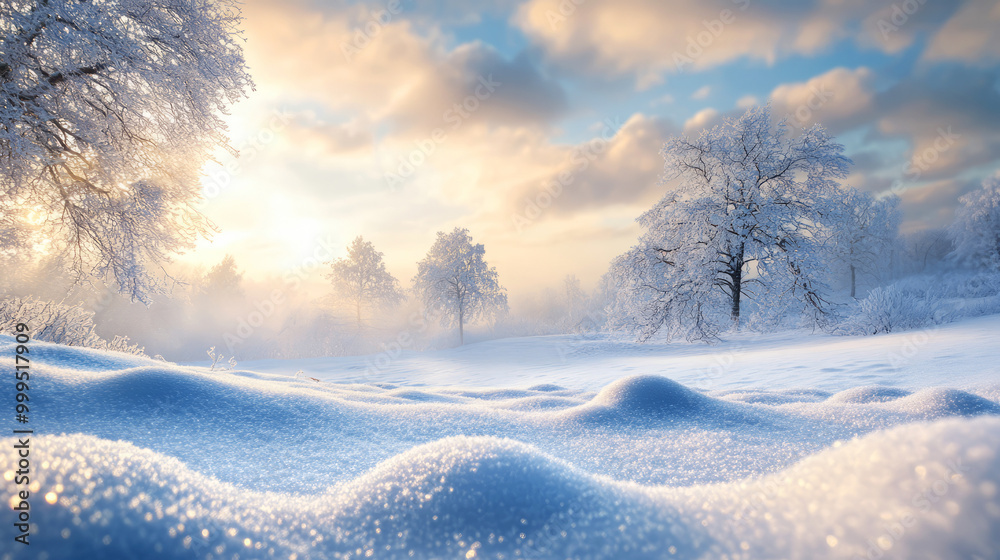 A serene winter landscape featuring snow-covered trees and a gentle glow from the sun peeking through clouds.