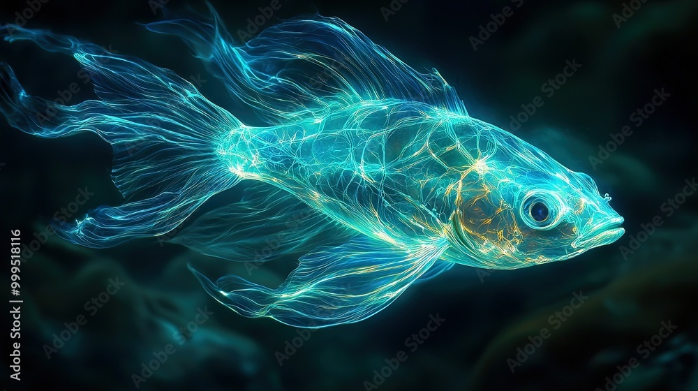 A close-up of a fish with bright eyes reflecting light in a dark setting A close-up of a fish with bright eyes reflecting light in a dark setting