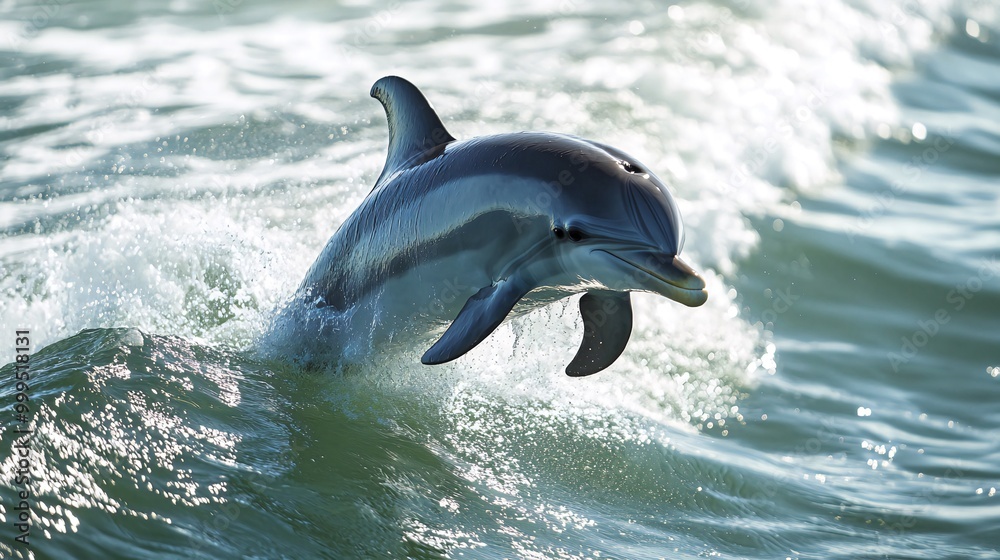 Fototapeta premium A playful dolphin leaps out of the water, creating a splash as it breaks the surface.