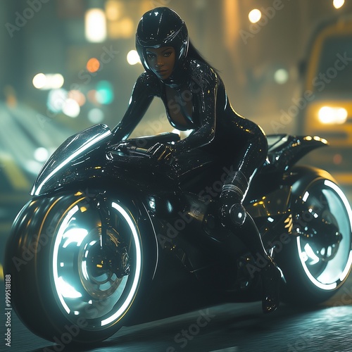  a powerful black female ryder on a futuristic motocycle photo