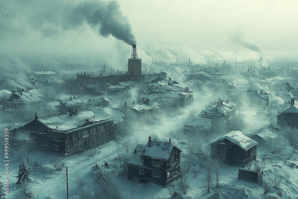 Fototapeta premium Aerial View of Industrial Town in Winter with Smoke Emissions and Snow-Covered Buildings