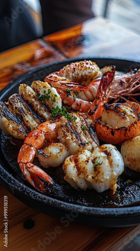 Grilled Seafood Platter with Shrimp, Scallops, and Lobster on a Rustic Wooden Table photo