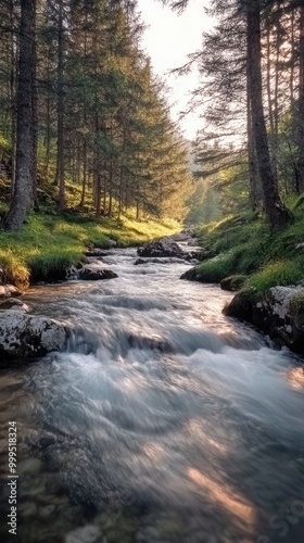 Serene Forest Stream Flowing Through Lush Greenery with Sunlight Filtering Through Trees in a Tranquil Natural Landscape