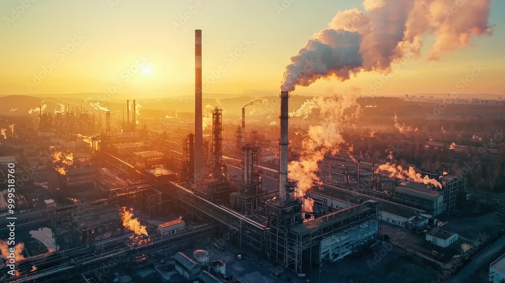 A massive industrial factory at sunrise, with tall smokestacks and machinery in motion. A massive industrial factory at sunrise, with tall smokestacks and machinery in motion.