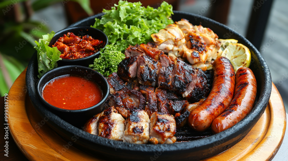 A vibrant assortment of grilled meats, sausages, and vegetables served on a sizzling platter, accompanied by sauces and garnishes. A vibrant assortment of grilled meats, sausages, and vegetables served on a sizzling platter, accompanied by sauces and garnishes.