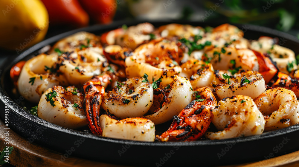 A vibrant plate of grilled shrimp and scallops, garnished with herbs, showcasing a delicious seafood dish in a sizzling presentation. A vibrant plate of grilled shrimp and scallops, garnished with herbs, showcasing a delicious seafood dish in a sizzling presentation.