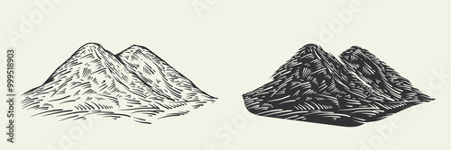 Hand drawn sketching mountain in retro vintage style. Set monochrome silhouettes rock landscape for print, branding. Vector illustration.