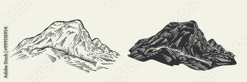 Hand drawn sketching mountain in retro vintage style. Set monochrome silhouettes rock landscape for print, branding. Vector illustration.