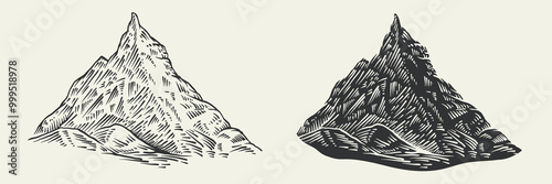 Hand drawn sketching mountain in retro vintage style. Set monochrome silhouettes rock landscape for print, branding. Vector illustration.