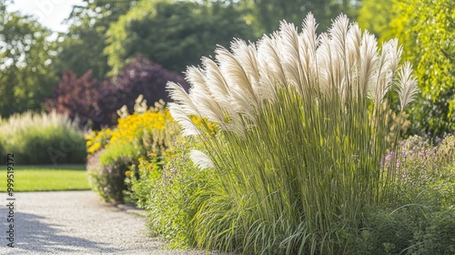 Miscanthus sinensis Zebrinus grows in the garden in June. Miscanthus sinensis the eulalia or Chinese silver grass is a species of flowering plant in the grass family Poaceae. Berlin Germany photo