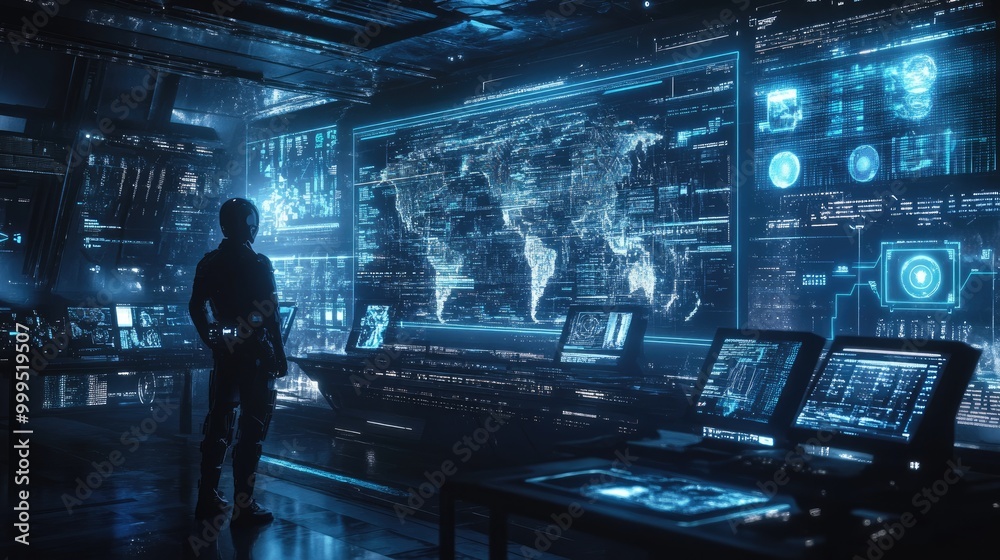 Futuristic Command Center with Advanced Digital Interfaces and World Map Display Futuristic Command Center with Advanced Digital Interfaces and World Map Display