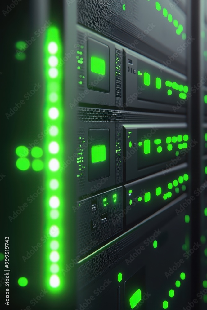 Close-Up of Modern Data Center Servers with Green LED Lights Indicating Active Network Connections Close-Up of Modern Data Center Servers with Green LED Lights Indicating Active Network Connections