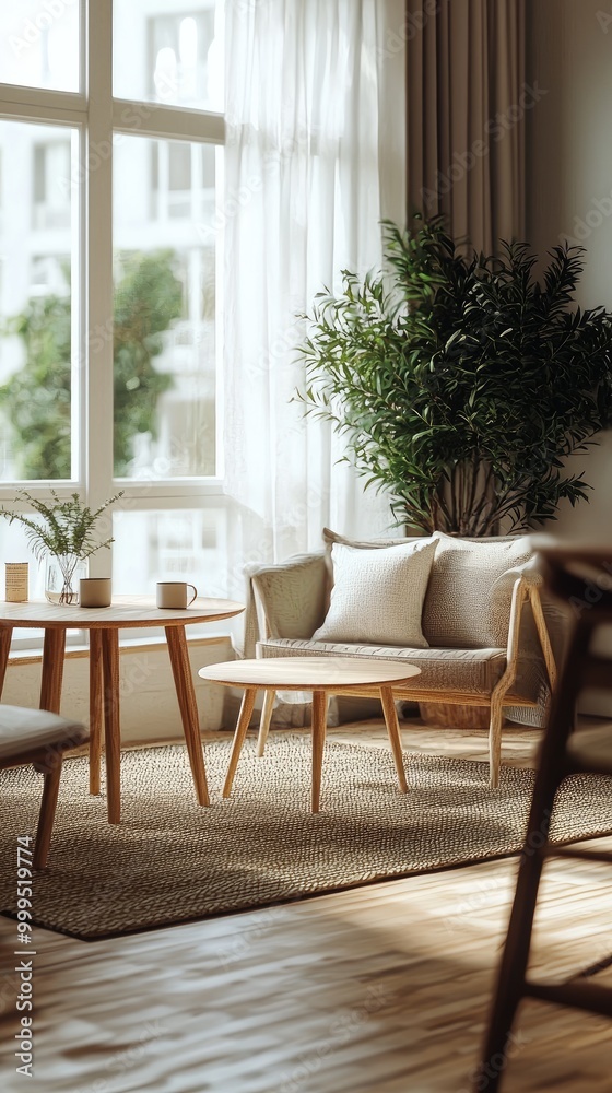 Obraz premium Cozy Modern Living Room with Natural Light, Wooden Furniture, and Indoor Plants in a Bright and Airy Space