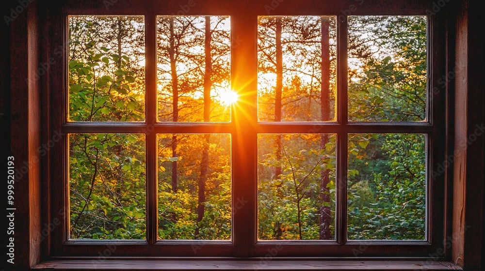 Fototapeta premium The sun shines through the window, offering a view of the trees beyond