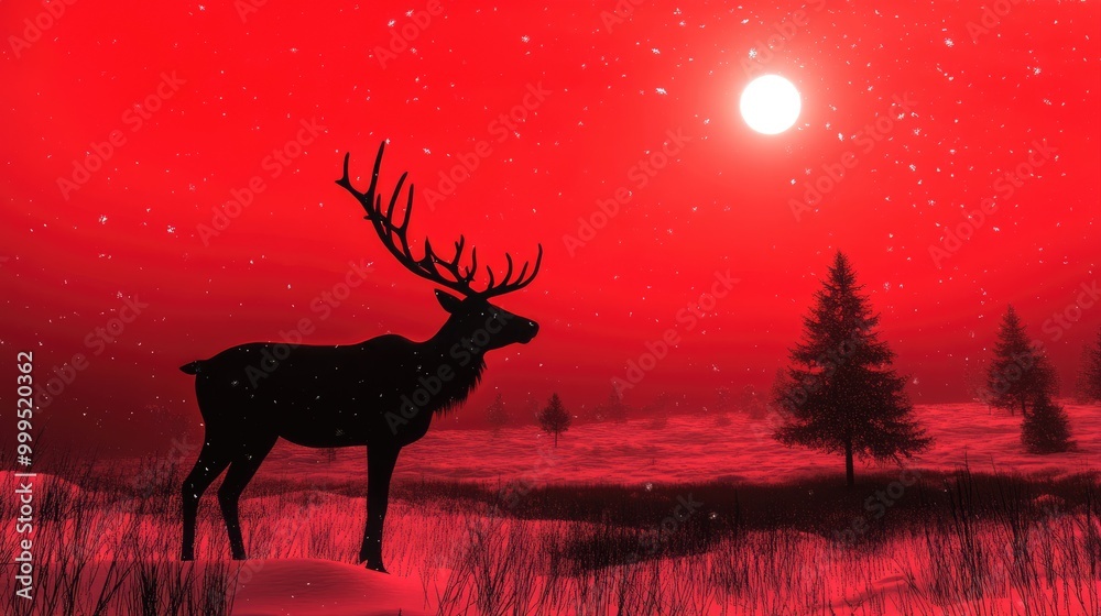 Majestic Silhouette of a Deer in a Snowy Landscape Under a Red Sky with Full Moon Majestic Silhouette of a Deer in a Snowy Landscape Under a Red Sky with Full Moon