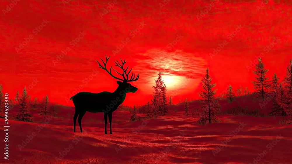 Majestic Silhouette of a Deer Against a Vibrant Red Sunset in a Serene Winter Landscape