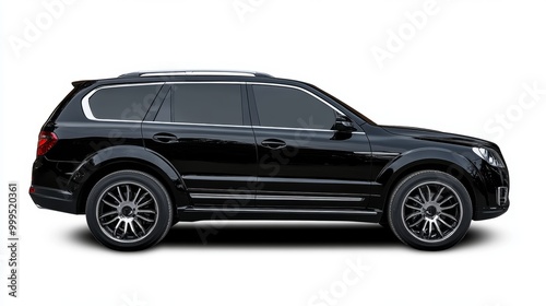 Back side view of black luxurious SUV car is isolated on white background.