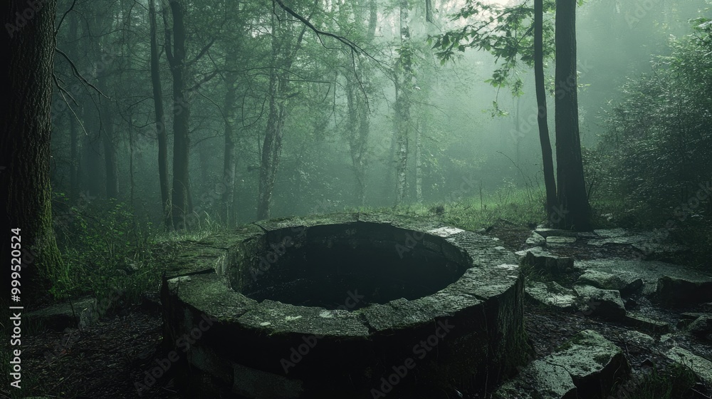 Eerie forest scene with abandoned well Eerie forest scene with abandoned well