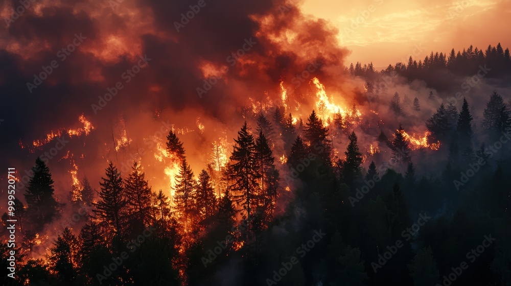 A massive wildfire consuming a dense forest, with towering flames and thick smoke rising into the sky A massive wildfire consuming a dense forest, with towering flames and thick smoke rising into the sky