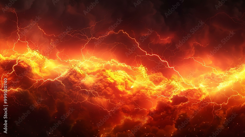 Fiery lightning arcs cutting through hot molten flames, with a gradient of red, orange, and yellow dominating the scene Fiery lightning arcs cutting through hot molten flames, with a gradient of red, orange, and yellow dominating the scene