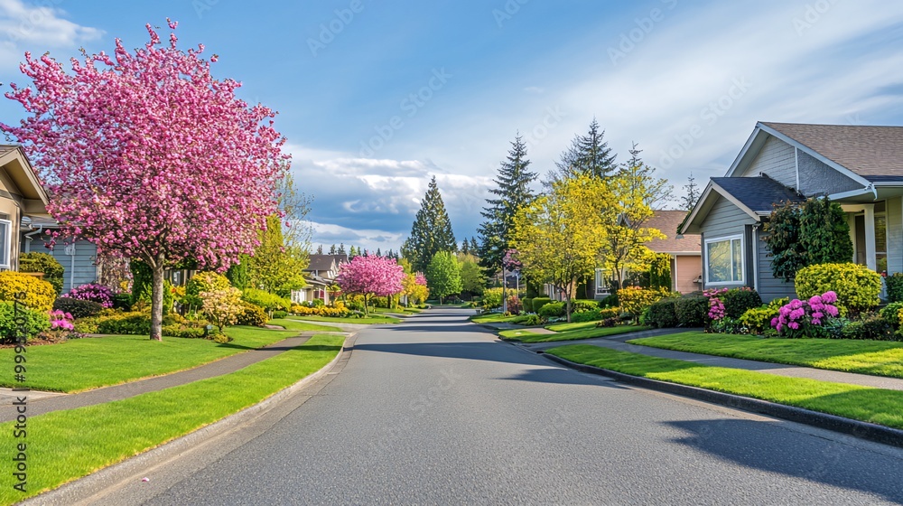 A quiet suburban street lined with blooming trees and well-kept homes on a sunny spring day. A quiet suburban street lined with blooming trees and well-kept homes on a sunny spring day.