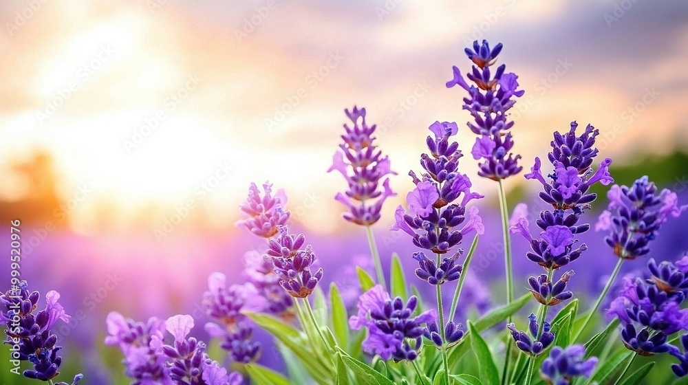 Fototapeta premium A field of lavender flowers beneath clear skies, bathed in warm sunlight filtering through the clouds above and below