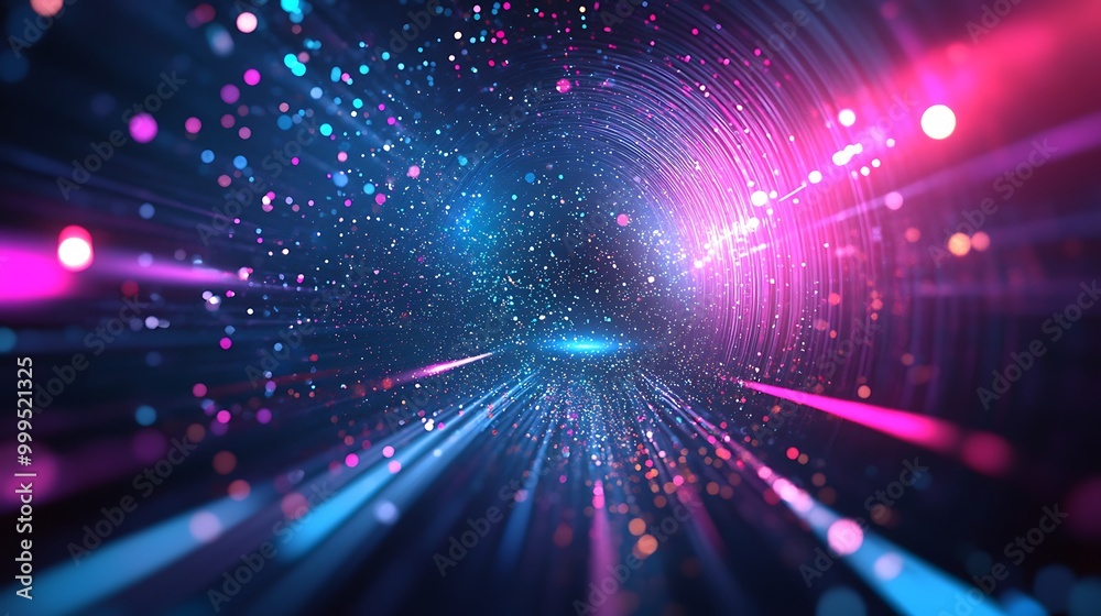 Fototapeta premium Abstract tunnel with glowing light streaks and particles.