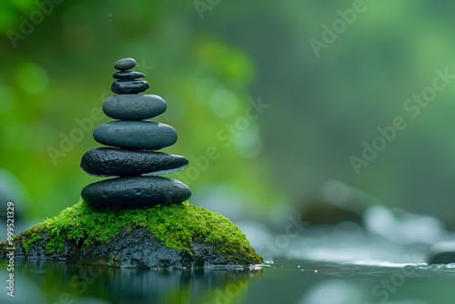 A stack of black stones sitting on top of a moss covered rock photo