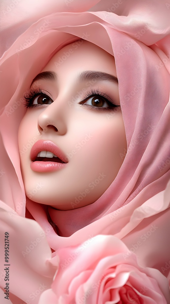 Saudi women, beautiful, inside a rose, posing as a rose, wearing pink hijab. Looking up, wide shot. Saudi women, beautiful, inside a rose, posing as a rose, wearing pink hijab. Looking up, wide shot.