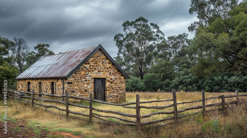 Early Australian stone farm building with corrugated iron roof in a rural setting rustic timber bush pole fence and cloudy grey skys gum trees in the background Early Australian stone farm building with corrugated iron roof in a rural setting rustic timber bush pole fence and cloudy grey skys gum trees in the background