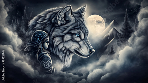 Wolf and Native American woman illustration with mystical elements in a dark landscape photo