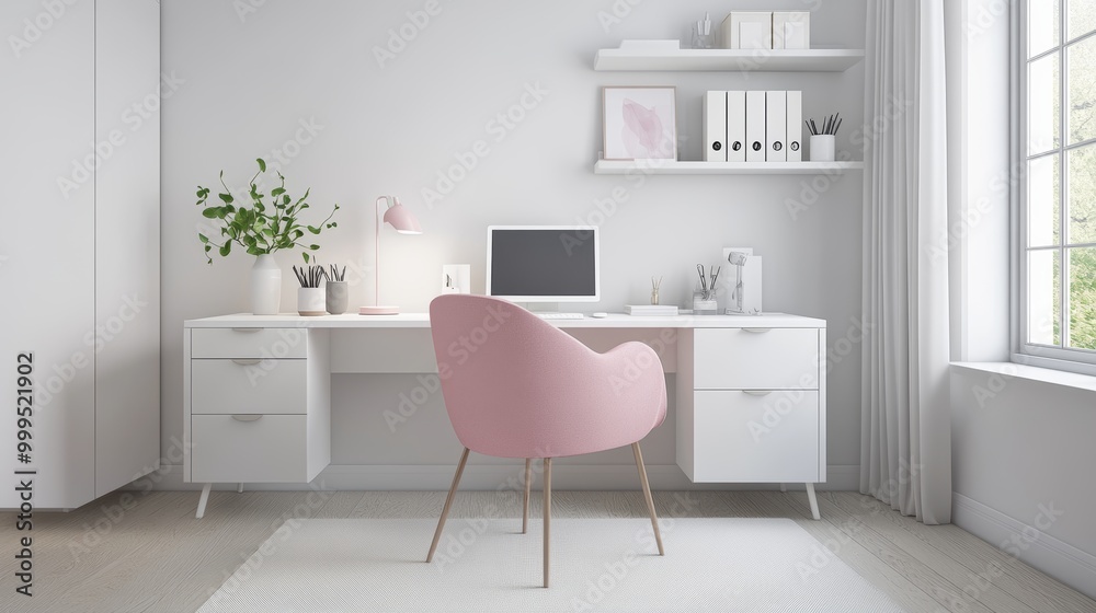 Fototapeta premium Bright and inviting home office for a young woman styled with Nordic and modern influences. The workspace a white desk paired with a soft pink chair storage cabinets shelves minimalist aesthetic.