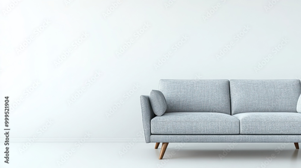 A minimalist mid-century modern sofa with clean lines and light gray fabric, isolated against a clean white background A minimalist mid-century modern sofa with clean lines and light gray fabric, isolated against a clean white background