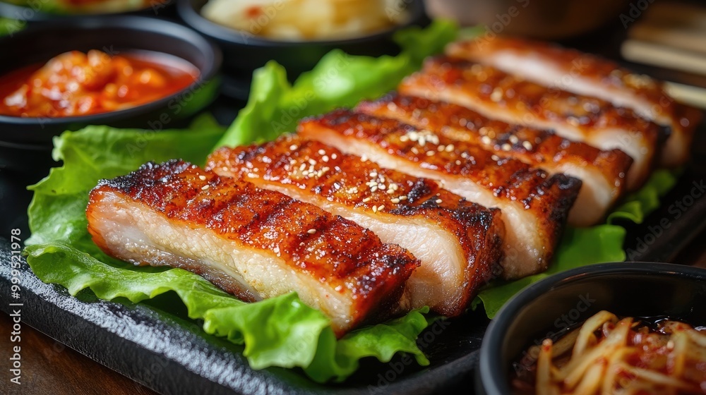Grilled Pork Belly Slices on Lettuce with Assorted Side Dishes in a Korean Restaurant Grilled Pork Belly Slices on Lettuce with Assorted Side Dishes in a Korean Restaurant