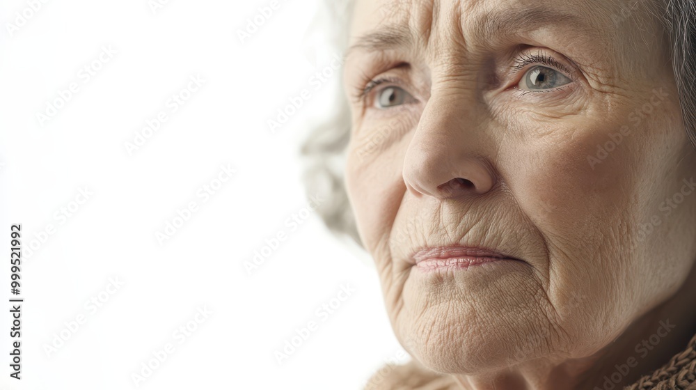 Elderly woman staring into the distance, her eyes filled with sorrow but her posture firm, reflecting inner strength and perseverance Elderly woman staring into the distance, her eyes filled with sorrow but her posture firm, reflecting inner strength and perseverance
