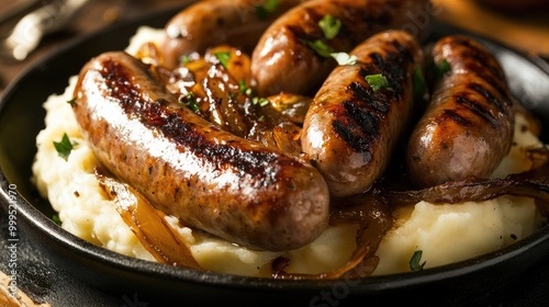 Delicious Grilled Sausages with Caramelized Onions on Creamy Mashed Potatoes in a Cast Iron Skillet