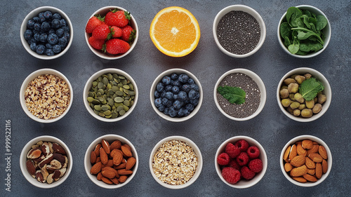 Colorful assortment of healthy fruits, seeds, and nuts arranged in bowls on a gray surface