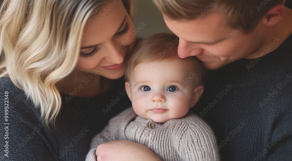 Happy Young Family Hugging Their Baby Girl in Cozy Home Setting with Soft Lighting and Warm Colors Happy Young Family Hugging Their Baby Girl in Cozy Home Setting with Soft Lighting and Warm Colors
