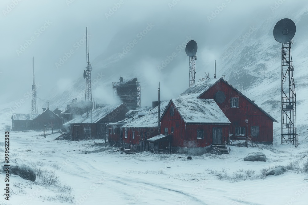 Remote Arctic Research Station in Winter with Snow-Covered Buildings and Communication Towers Remote Arctic Research Station in Winter with Snow-Covered Buildings and Communication Towers