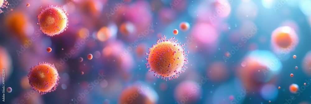 Obraz premium Colorful spores dispersing in the air, dynamic movement captured, background softly blurring into an ethereal ambiance