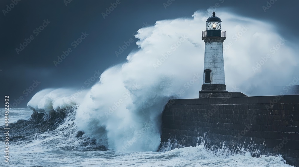 Majestic Lighthouse with Towering Waves Crashing Against the Seawall During a Stormy Day Majestic Lighthouse with Towering Waves Crashing Against the Seawall During a Stormy Day