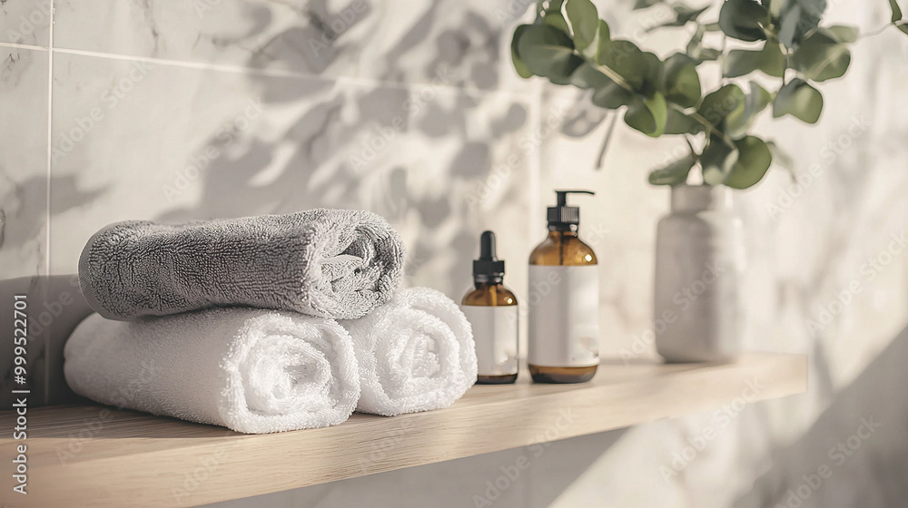 A few towels rest atop a wooden shelf beside a vase with a lush green plant inside A few towels rest atop a wooden shelf beside a vase with a lush green plant inside