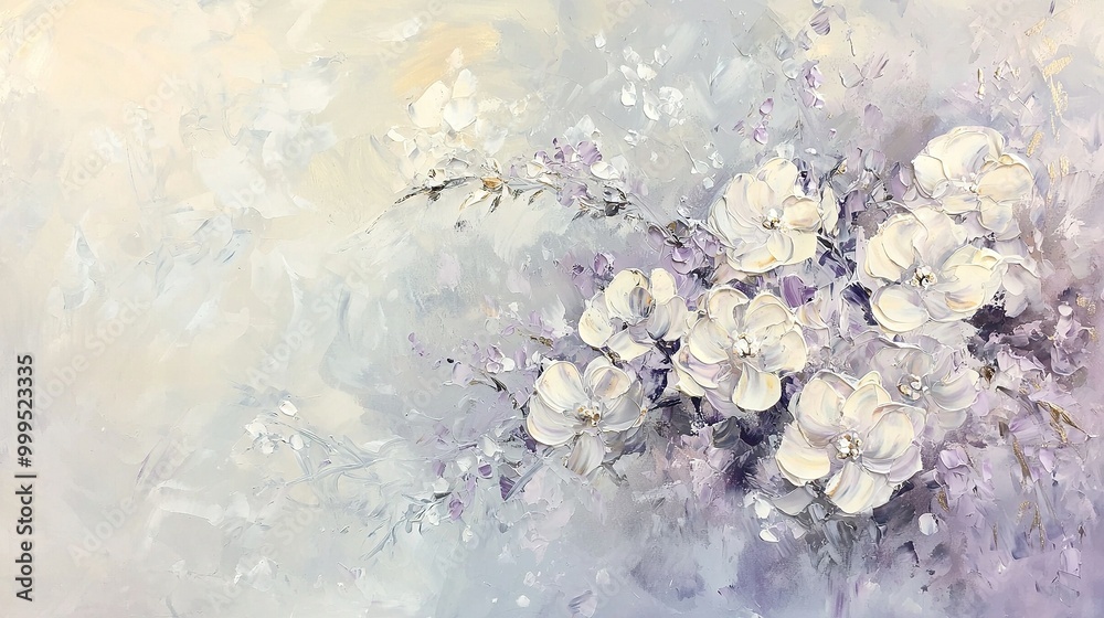 custom made wallpaper toronto digital  Painting of white flowers in a purple and white background, with a white bird soaring above