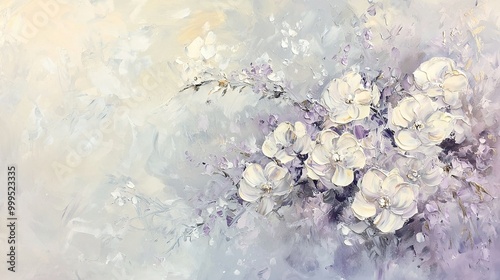 Wallpaper Mural   Painting of white flowers in a purple and white background, with a white bird soaring above Torontodigital.ca