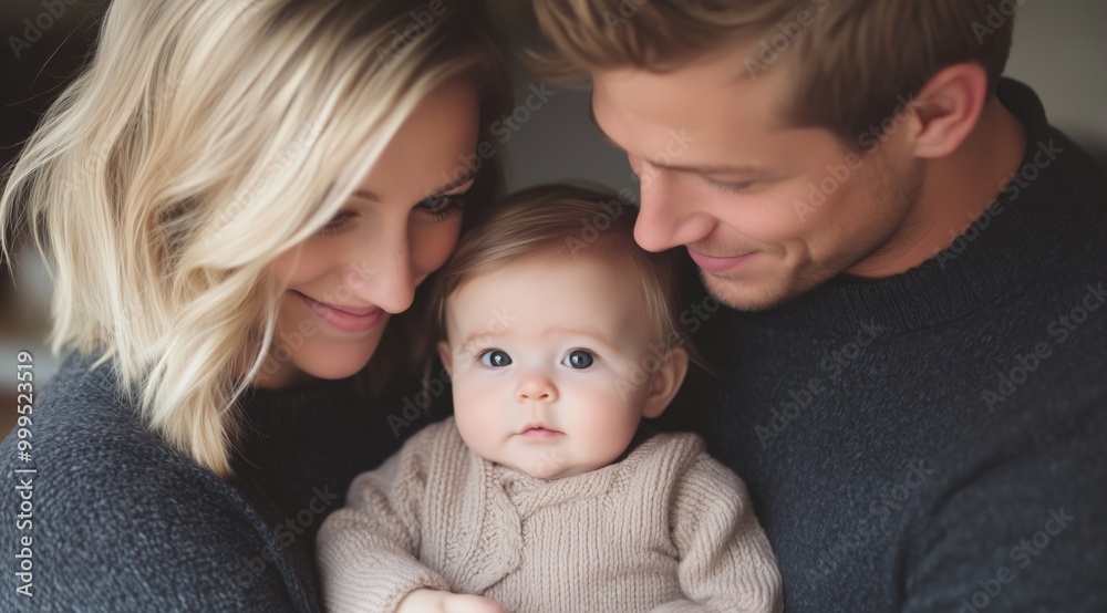 Happy Young Family Hugging Their Baby Girl in Cozy Home Setting with Soft Lighting and Warm Colors Happy Young Family Hugging Their Baby Girl in Cozy Home Setting with Soft Lighting and Warm Colors