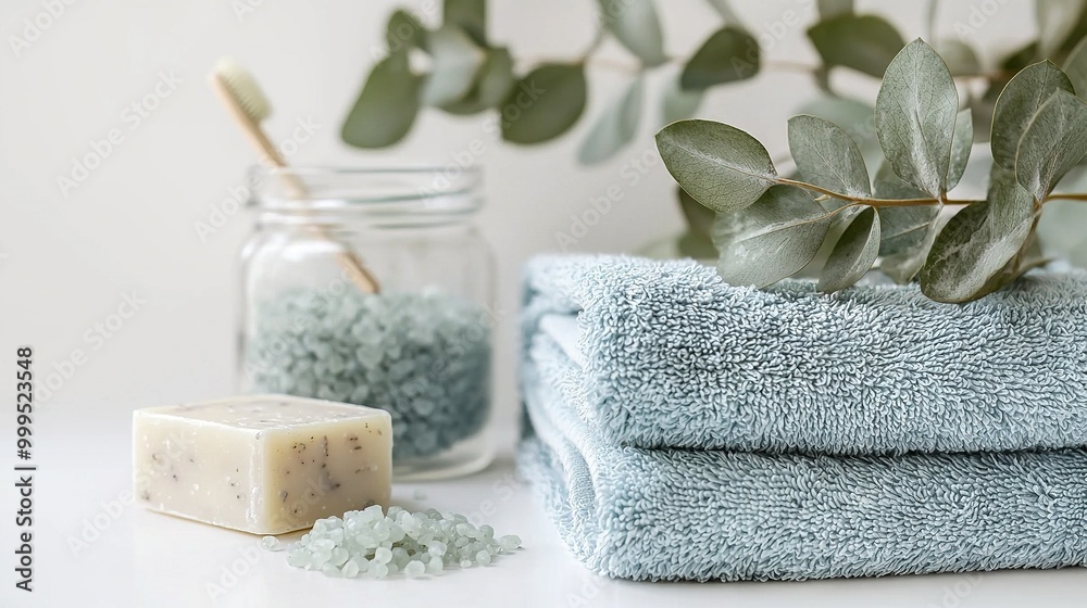 A bar of soap atop a blue towel beside a sea salt jar and plant A bar of soap atop a blue towel beside a sea salt jar and plant